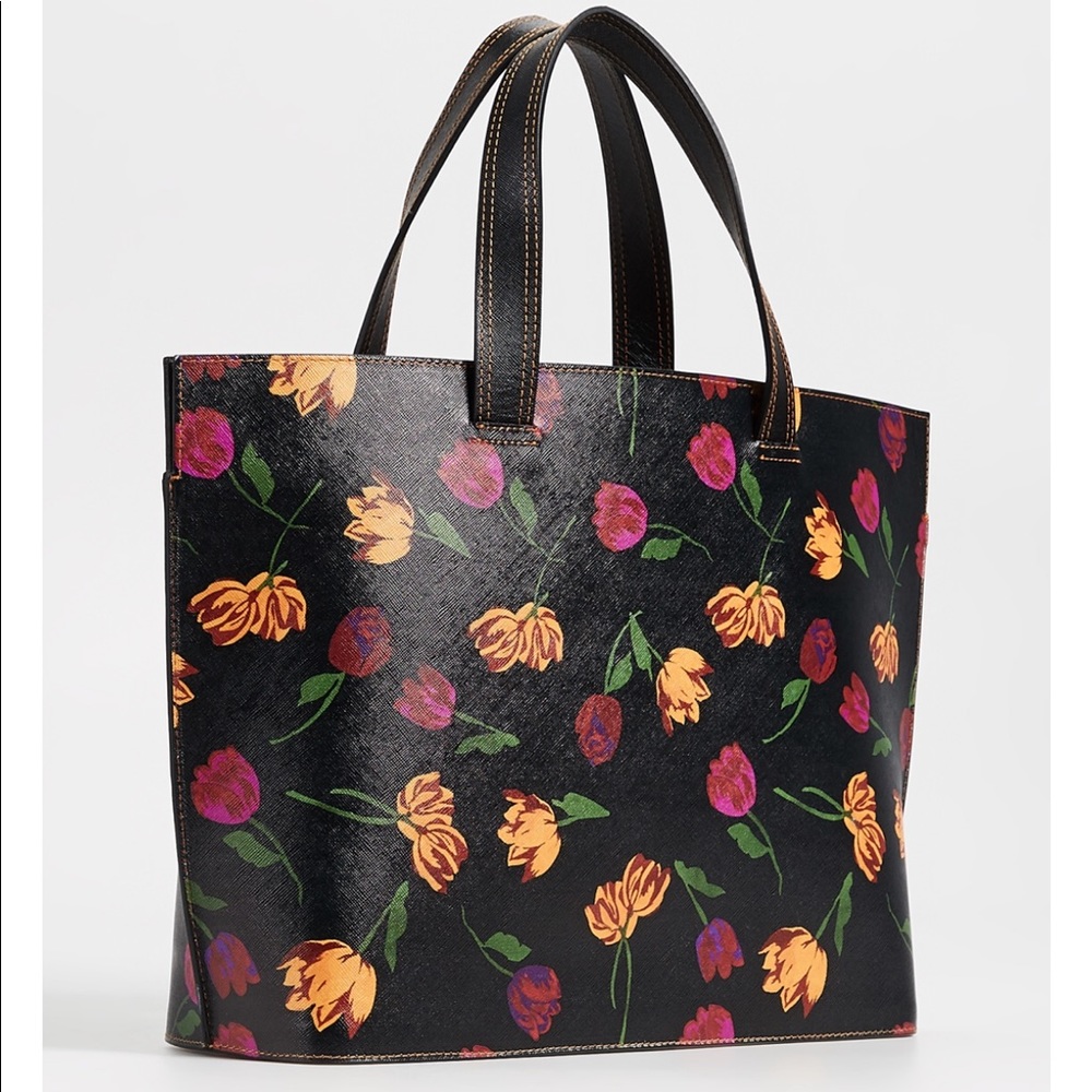 Ganni: Black Leather Tote Bag with Floral print